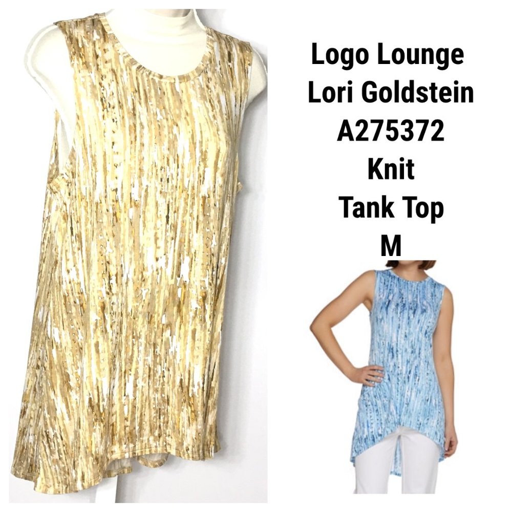 Lori Goldstein LOGO Layers Abstract  Printed Knit Tank Top M Blouse Shirt Yellow